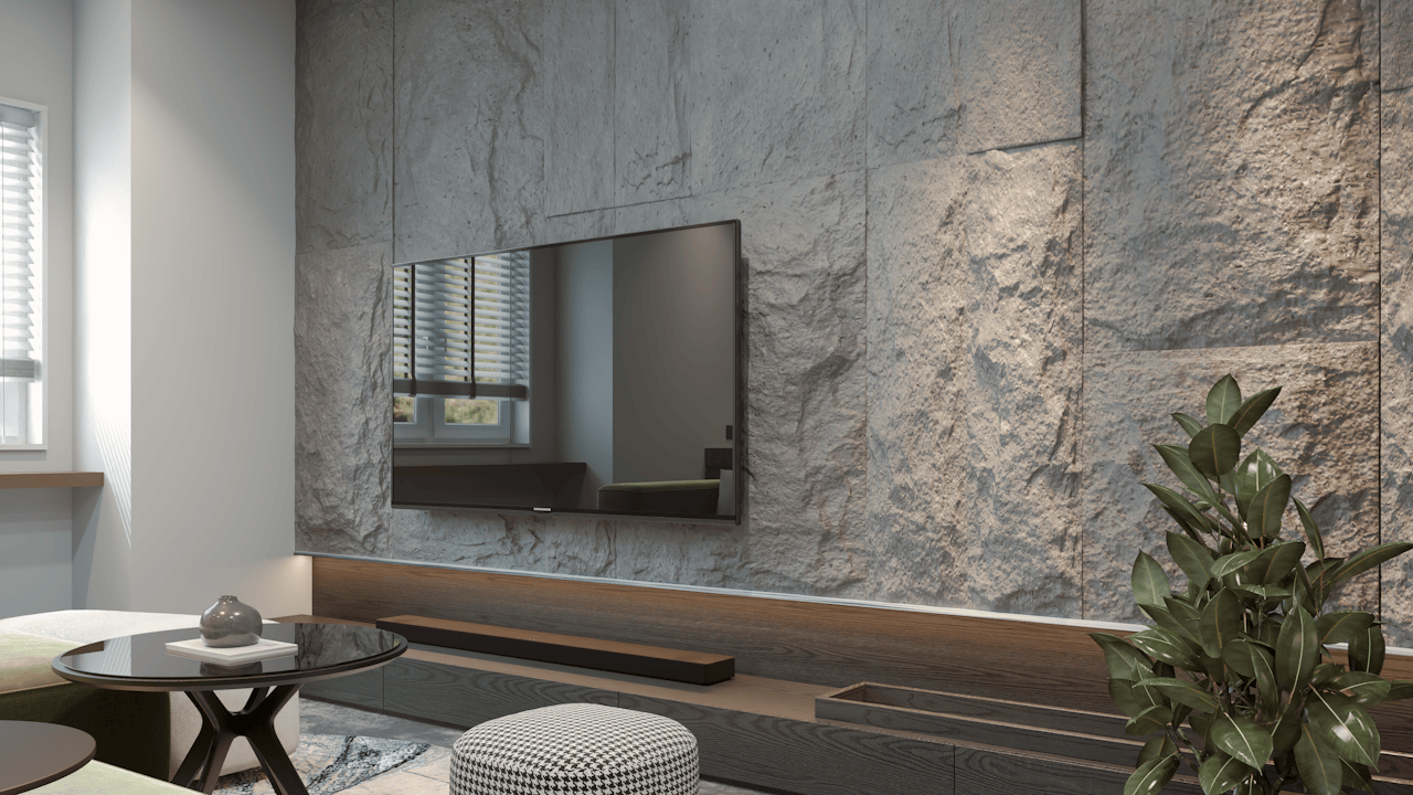 Contemporary living room featuring a mounted TV on a textured stone wall with modern decor.